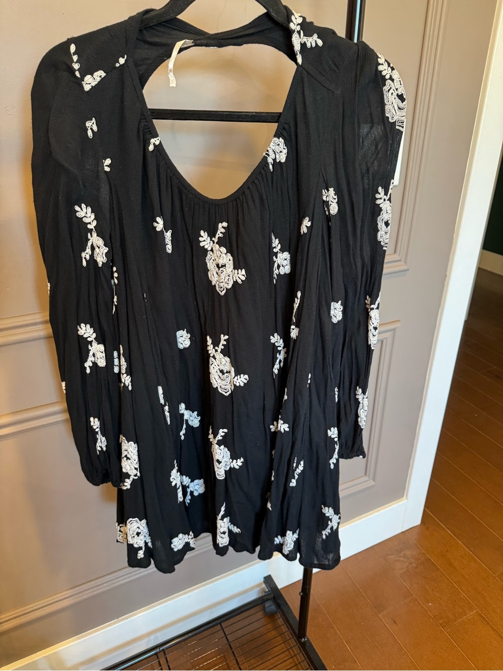 Free People Black Tunic Dress with White Floral Embroidery